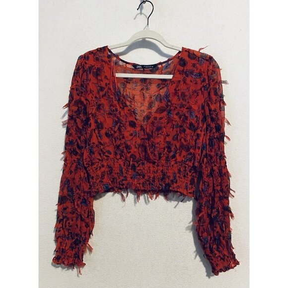 Zara Top Womens Large Red Floral Cropped Fringe Silky Romantic Fairy Boho Sheer - Picture 2 of 7